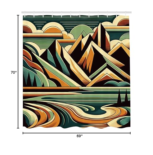 Ambesonne Lake Shower Curtain, Abstract Mid Century Modern Concept Mountain Landscape Nature Line Details, Cloth Fabric Bathroom